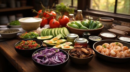 a table with many bowls of food including onions, tomatoes, onions, and tomatoes.