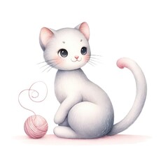 Charming cartoon cat sitting beside a ball of yarn, exuding cuteness and playful spirit, perfect for children's designs.