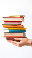 Close-up of a Person Holding Tall Stack of Various Books on White Background