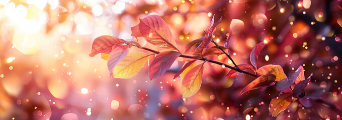Close up of colorful, pink leaves on branches, foliage of trees,  with bokeh, lights on blurred background. Scenic autumn, fall landscape with  sunlight. Copy space.  Generative ai