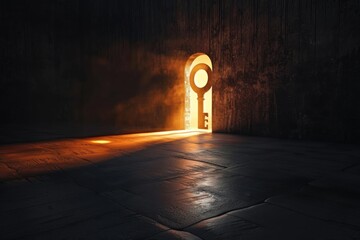 Glowing lights key shaped hole in dark empty room