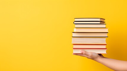Fototapeta premium Close-up of a Person Holding Tall Stack of Various Books on Yellow Background