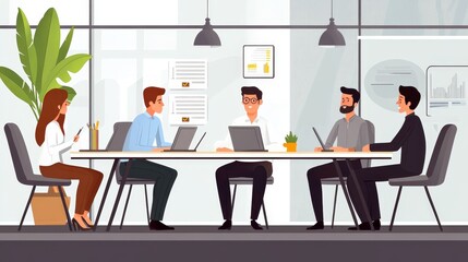 A team of four professionals is engaged in a productive meeting, showcasing collaboration, innovation, and problem-solving in a modern office setting.