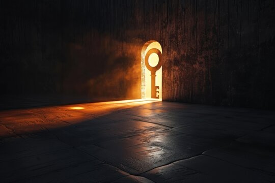Glowing lights key shaped hole in dark empty room