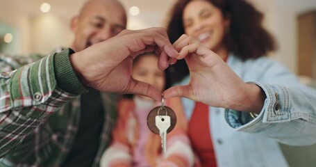 Heart hands, keys and family in new home with love for real estate investment, loan or mortgage. Property, mother and father with child moving to dream house and show sign for care or support closeup - Powered by Adobe