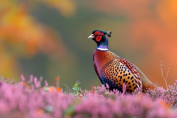 Fototapeta premium A male ring-necked pheasant stands in a field of purple heather