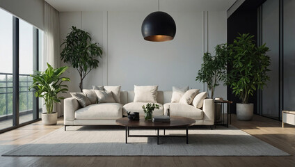 Modern living room interior with minimalist design, white sofa and green plant decoration.