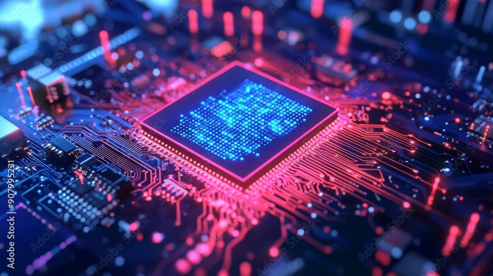 Poster a high-resolution image of a cpu chip, the central processing unit of a computer, surrounded by circ