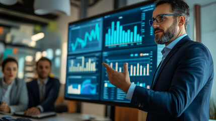A financial analyst explaining market trends to colleagues. financial analyst explaining