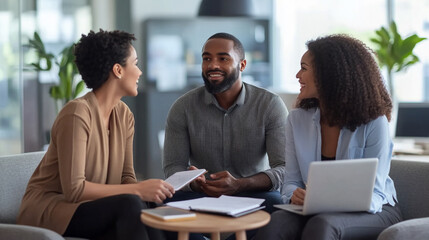 A financial planner discussing retirement savings with a couple. financial planner discussing