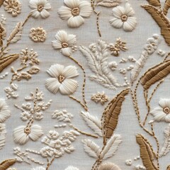 Fototapeta premium Delicate 3D Floral Embroidery Artwork in Minimalist Style on Light Background - High Detail Surreal Botanical Design, Generative Ai