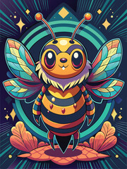 Cute Cartoon Bee with Colorful Wings in a Cosmic Setting