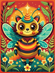 A Cute Cartoon Bee with Wings and a Hat in a Garden