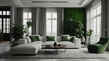 Modern living room interior with minimalist design, white sofa and green plant decoration.
