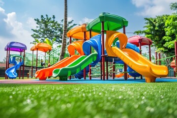 kids playground with colorful equipment on artificial turf base