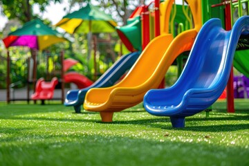 kids playground with colorful equipment on artificial turf base