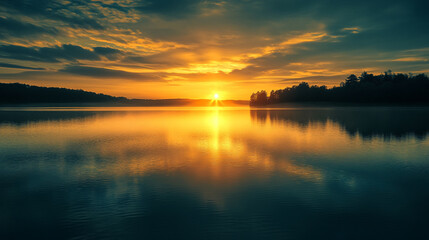 Fototapeta premium A golden sunset reflecting on calm waters of a lake. golden sunset reflecting calm waters lake nature landscape.