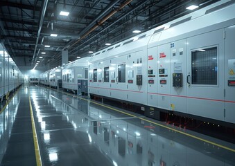 A modern industrial building interior with rows of electrical equipment and a shiny floor