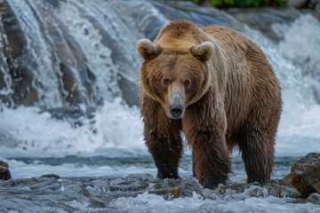 Fototapeta premium Majestic bear by a waterfall at twilight