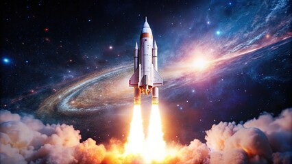 Fototapeta premium Spaceship Launching Through a Galaxy with Smoke and Flames