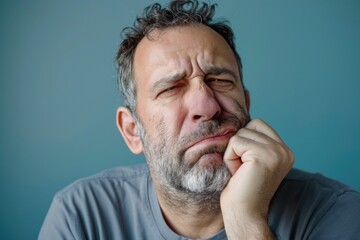 Fototapeta premium Man grimacing and holding his throat in discomfort, possibly due to a sore throat