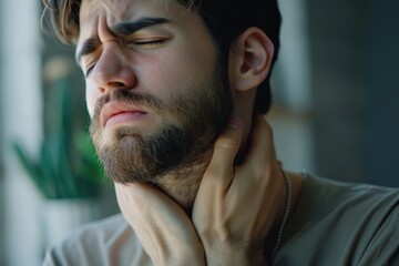 Obraz premium Man grimacing and holding his throat in discomfort, possibly due to a sore throat