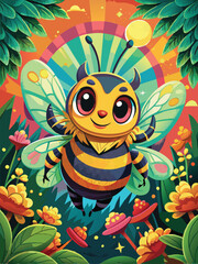 A Cartoon Bee with Wings in a Garden