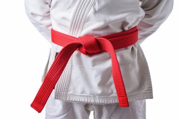 Man in a judo suit with red belt isolated on white background