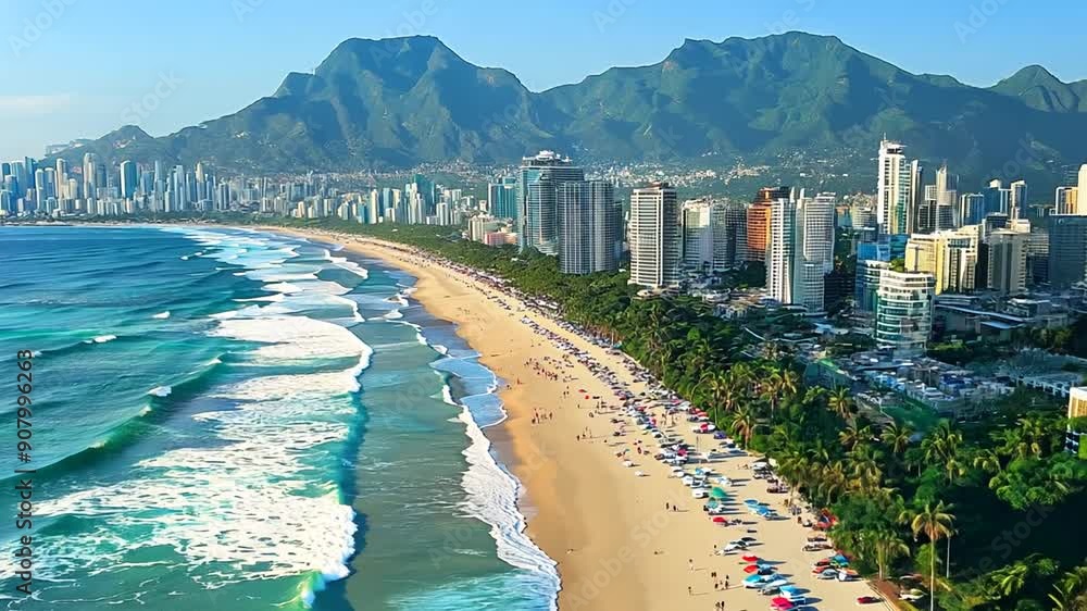 Poster aerial view of beach and mountains with hotels generative ai