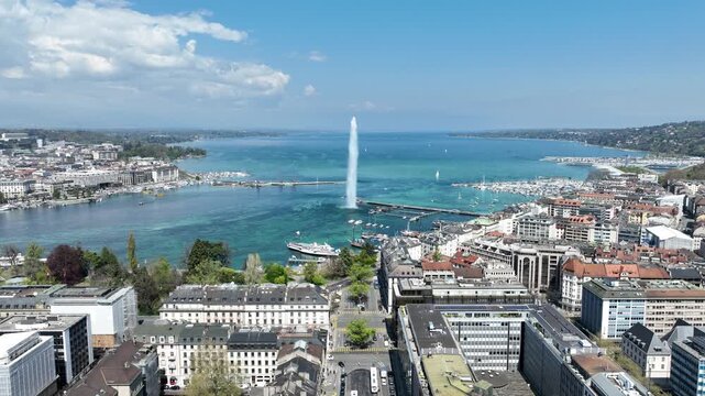 Beautiful city center of Geneva with Lake Leman - aerial view by drone