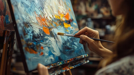 Obraz premium A professional artist at work. artist work painting studio creativity canvas art brush professional inspiration.