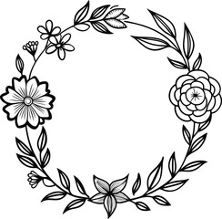 Hand drawn floral frame outline black and white