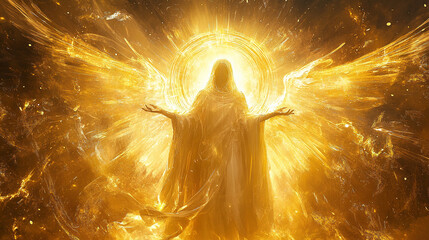 A radiant golden halo surrounding an angelic figure. radiant golden halo surrounding angelic figure spirituality.