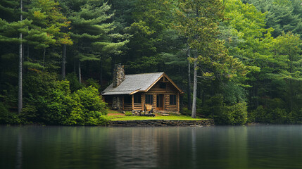 Fototapeta premium A serene lakeside cabin. lakeside cabin serene water nature peaceful retreat vacation woods scenery.