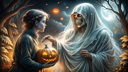 Girl Offering Jack-o'-Lantern to Grim Reaper in Forest