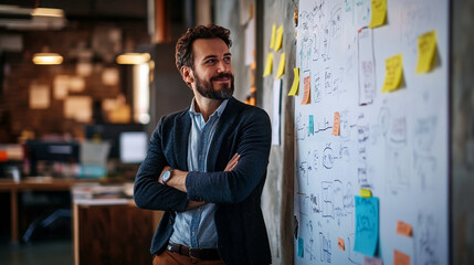 An entrepreneur brainstorming ideas on a whiteboard in a startup office. entrepreneur brainstorming