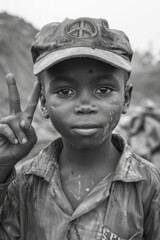 hyper realistic Cowboy Shot in black and white of an dirty faced african boy in a dirty area showing the peace sign in the style of happycore