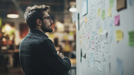 An entrepreneur brainstorming ideas on a whiteboard in a startup office. entrepreneur brainstorming