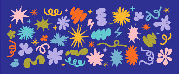 Obraz premium Abstract shapes. 90s cloud, flowers and elements sticker. Retro groovy y2k various doodles, curly, spiral, wavy forms. Trendy funky star, lines, brutalist bubble minimal shape. Vector 80s simple set.