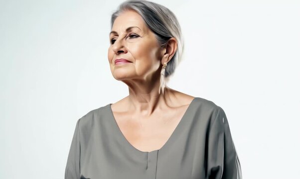 portrait of a confident Israeli woman in her 50s wearing a simple tunic against a white background