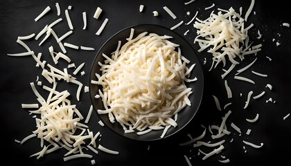 Shredded Mozzarella Cheese in a Bowl on a black background, top view. Flat lay, overhead, from above.
