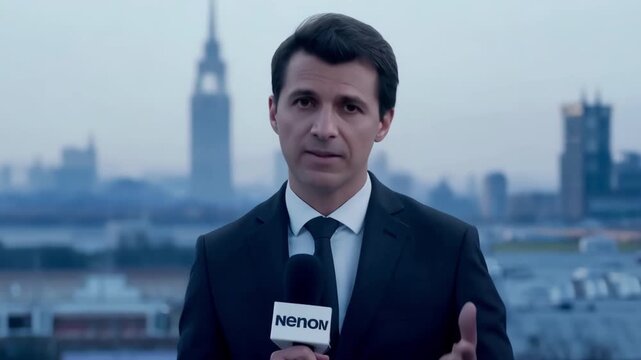 Man with a microphone tells the news live. A news reporter talks about the weather forecast. City background. Guy in a suit. Tv program, Journalist speaking. Television channel. Talk show.