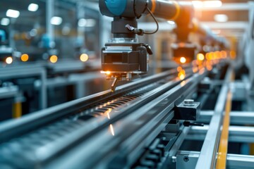 Robotic Arms on Industrial Production Line. Automated robotic arms working on a manufacturing line in a factory