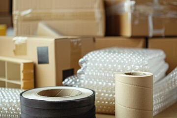 rolls of packing tape and bubble wrap near boxes