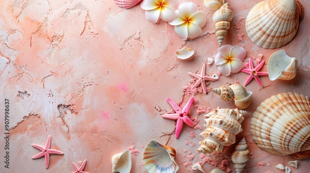 Poster seashell arrangement on bright surface top view text can be added