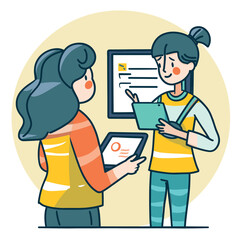 Two women discuss work digital tablets manager pointing screen, female employees collaboration, teamwork vibrant colors, women communication workspace, modern technology. Individuals engaging