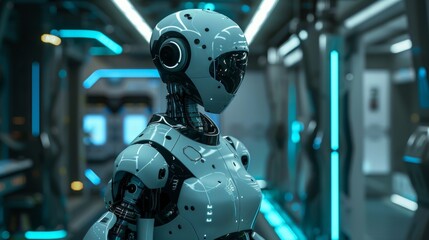 Fototapeta premium A sleek, humanoid robot patrolling a high-tech facility, equipped with advanced sensors and weaponry.