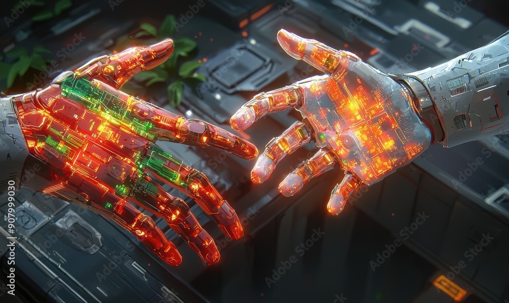 Poster futuristic robotic hands touching with glowing circuits in sci-fi setting