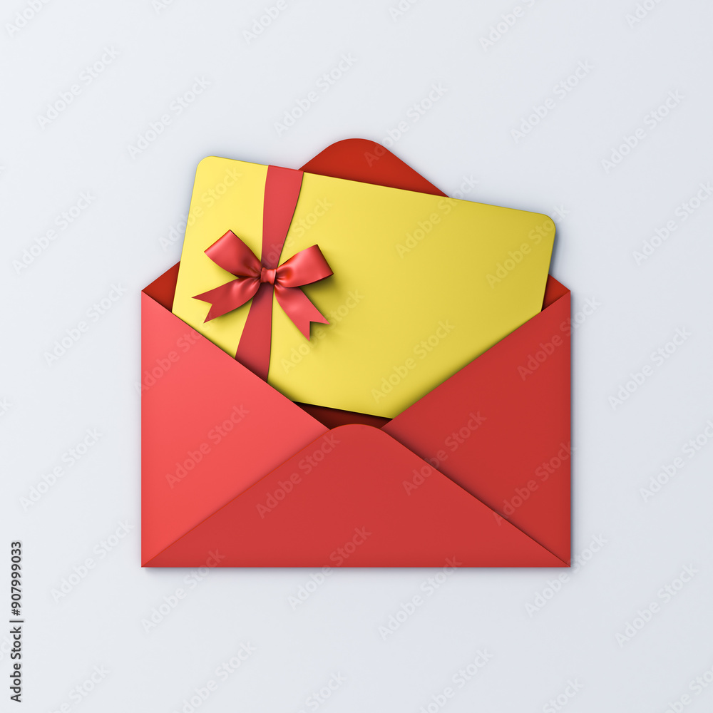 Aufkleber blank gold gift business card with red ribbon bow or golden gift voucher in open red envelope isolat
