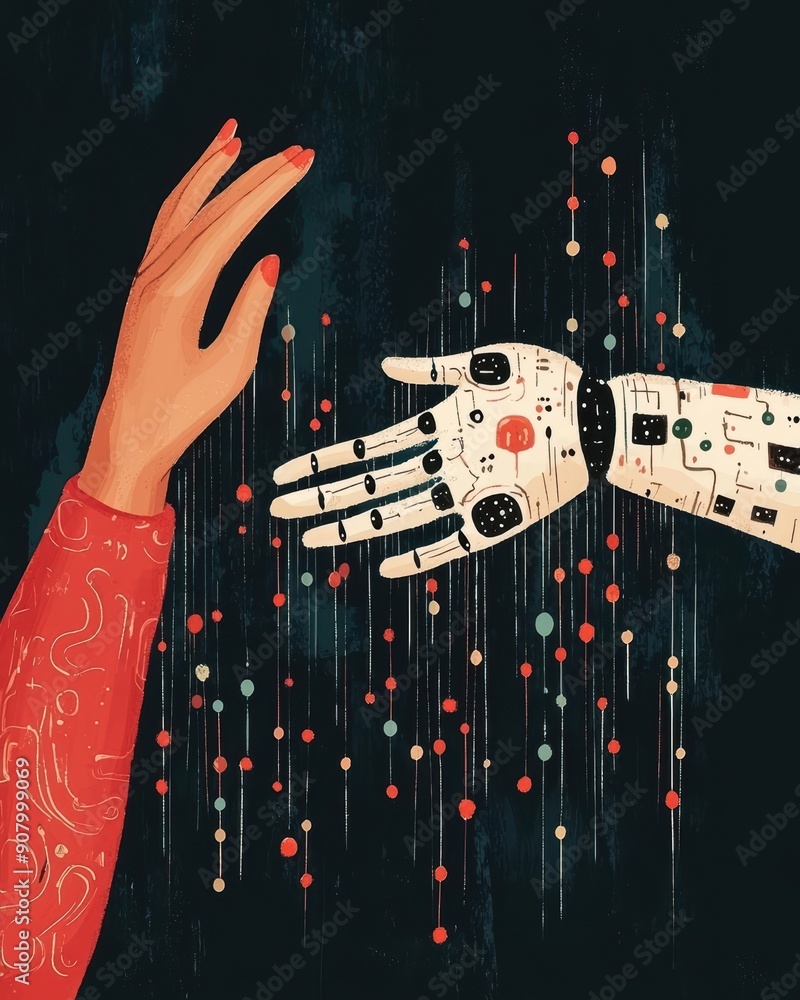 Poster human and robot hands reaching with digital dots in dark background